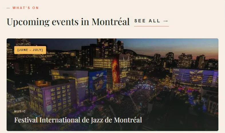 Upcoming events in Montreal section with festival photos