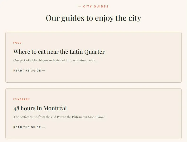 City guides section with food, itinerary and practical guides