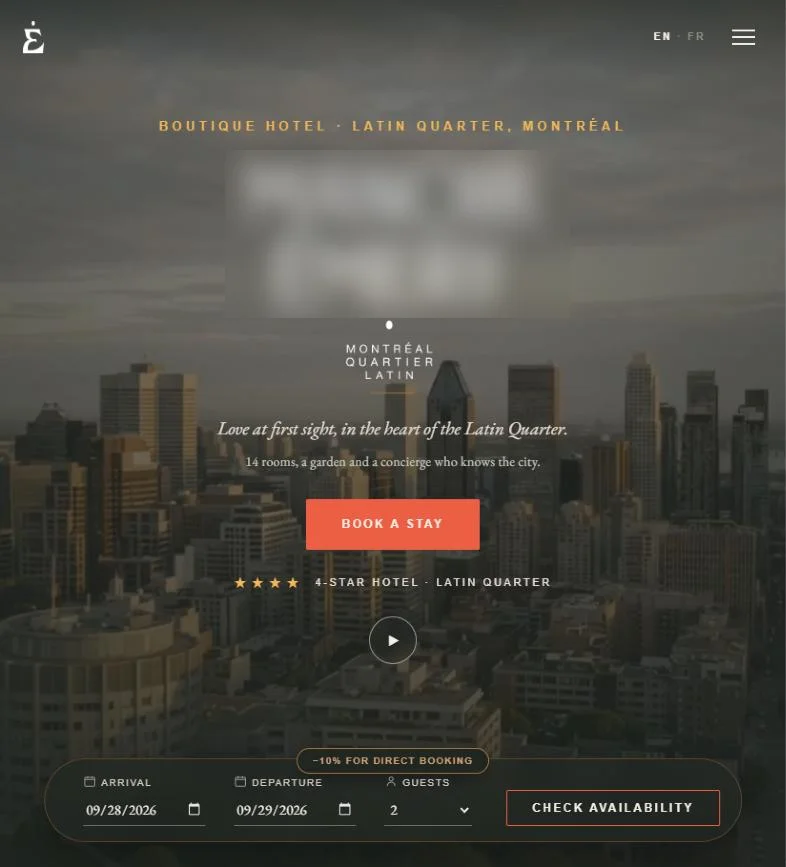Hotel homepage hero with booking bar, star rating and direct booking discount