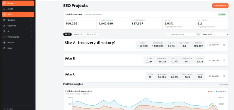 SEO projects dashboard with portfolio clicks, impressions, CTR and position for three properties